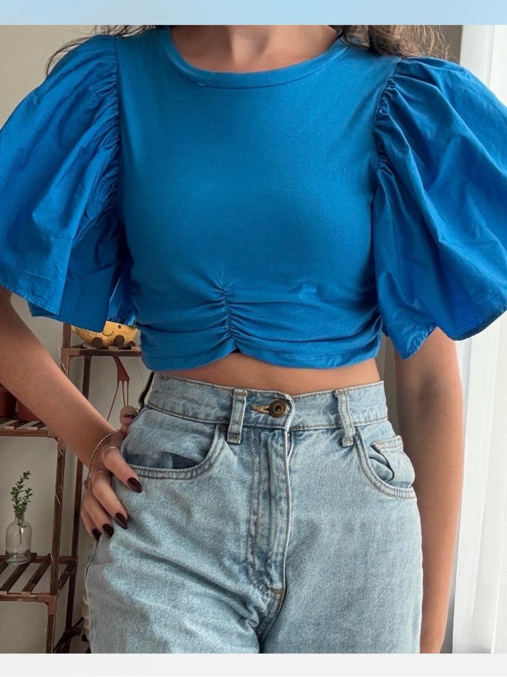 Zara Bright Blue Puff-Sleeve Ruched Crop Top